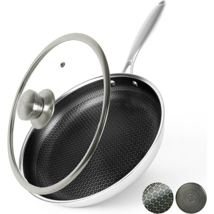 Сковорода з антипригарним покриттям 24 см з кришкою, нержавіюча сталь, безпечна для здоров'я, сумісна з усіма плитами, посуд без PFOA, срібна