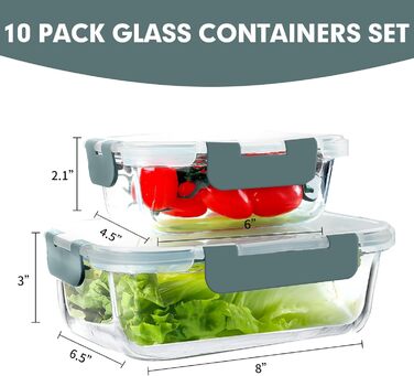 VERONES 10-Piece Glass Crisper Set, Airtight Glass Lunch Containers, Stackable Glass Food Storage Containers Set with Lid, Freezer and Dishwasher Safe, Grey