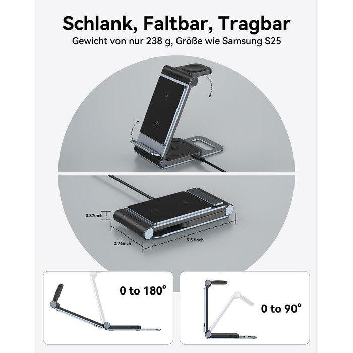 База для бездротової зарядки 3-в-1 для Samsung Galaxy S25 Ultra, S24, S23, S22, S21, S20, Z Flip, Z Fold, Galaxy Watch 8/Ultra/7, Galaxy Buds, 20W, чорний