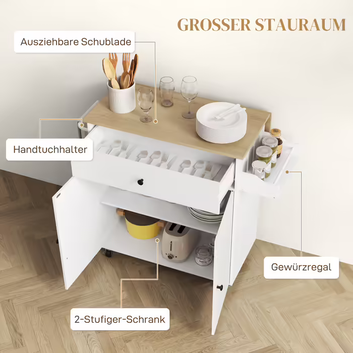 HOMCOM Kitchen Island Rolling Cart with Folding Worktop, Drawer, Kitchen Cabinet on Wheels with Shelf, Towel Rail, Spice Rack, Serving Cart White | Aosom