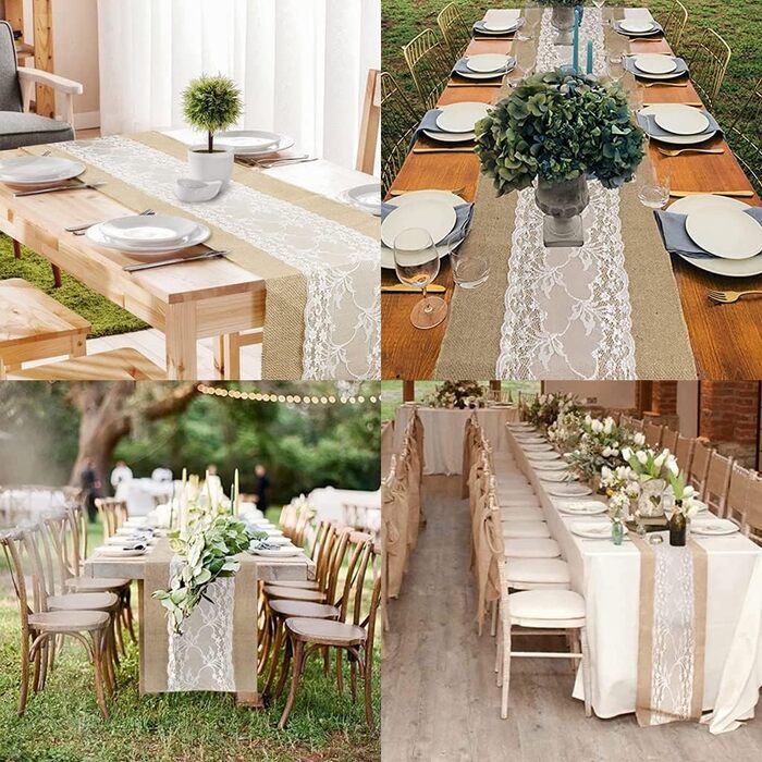 Jute Table Runner with Lace White 30CMx10M Jute Ribbon Rustic Burlap Lace Wedding for Festival Event Table Decoration Christmas Decoration Birthday (Jute and Lace)