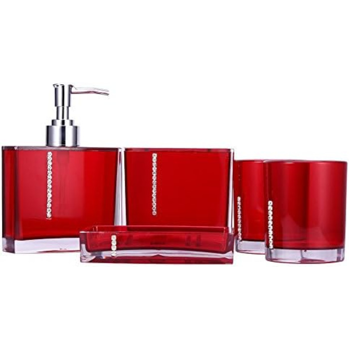 5-Piece Bathroom Accessories Set includes emulsion bottle, toothbrush holder, 2 rinsing cups, soap dish, plastic gift bath set, white (Red)