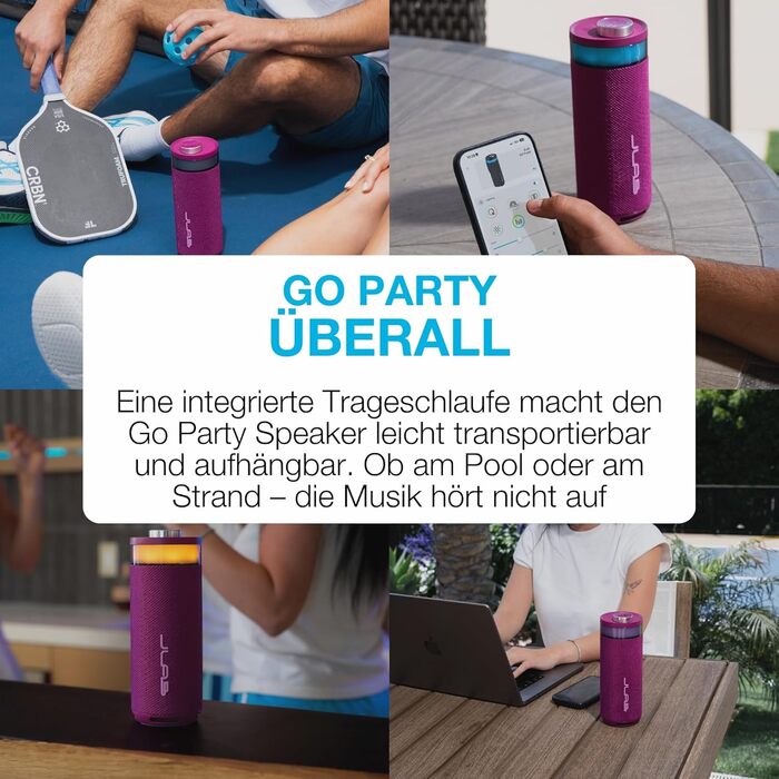 JLab Go Party: Портативна Bluetooth колонка з RGB підсвіткою, IP56 (10W, 16+ годин, Mulberry)