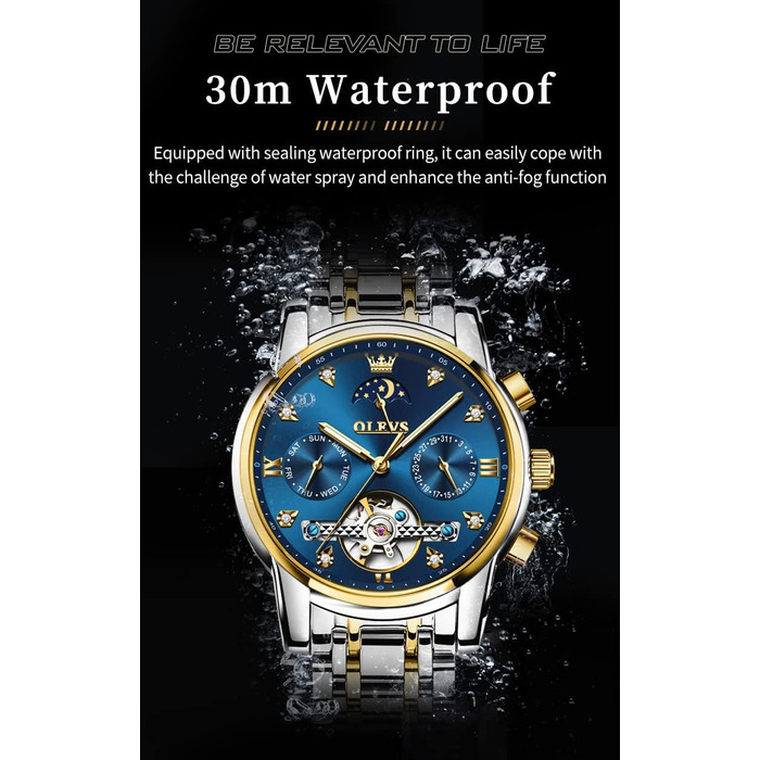 Чоловічий наручний годинник OLEVS 6678: водонепроникний хронограф із кварцовим механізмом, сталевий корпус, підсвічування циферблата, синій/золотий/сріблястий