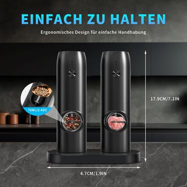 Electric Salt and Pepper Grinder 2-Piece Set, Rechargeable Spice Grinders with Double Charging Station, White LED Light, and Adjustable Coarse Grind