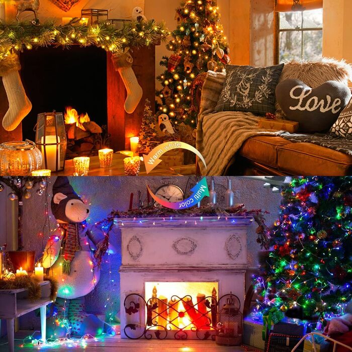 WOWDSGN Льохотна гірлянда для зовнішнього використання 20м, 2-в-1 LED гірлянда (Тепле біле & Класичне кольорове), сертифікований штекер GS, 11 режимів, пульт дистанційного керування та таймер, IP44 вологостійка різдвяна прикраса для саду, балкону, тепле б