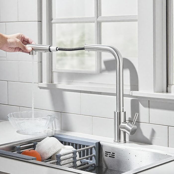 Кран кухонний Rozin чорний матовий з висувною лійкою 360° для мийки, з двома режимами, з донним клапаном