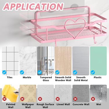 Двостороння поличка для душу без свердління, рожева, з 4 гачками, 11.5 см - органайзер для шампуню та мила