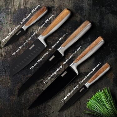 Baumfeld 6-Piece Knife Block Set - Premium Kitchen Knife Set with Acacia Wood Block - Professional Stainless Steel Ceramic Coated Knife Set (Black)