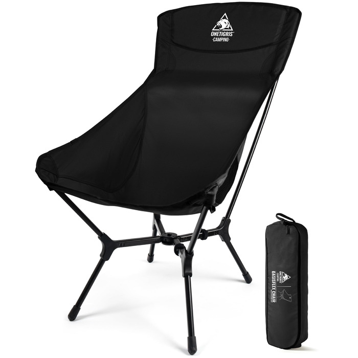 Кемпінговий стілець OneTigris OASISFLEX складний високий, вантажопідйомність 150 кг, чорний. Стілець для риболовлі, походу, відпочинку на природі з бічними кишенями