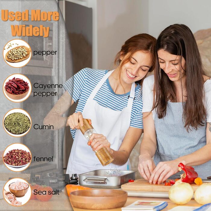 Salt and Pepper Grinder Set of 2, Manual Spice Grinder including Coaster, Cleaning Brush, Spoon (21.5 cm) - Wooden Salt Mill with Adjustable Ceramic Grinder for Spices Pepper Salt