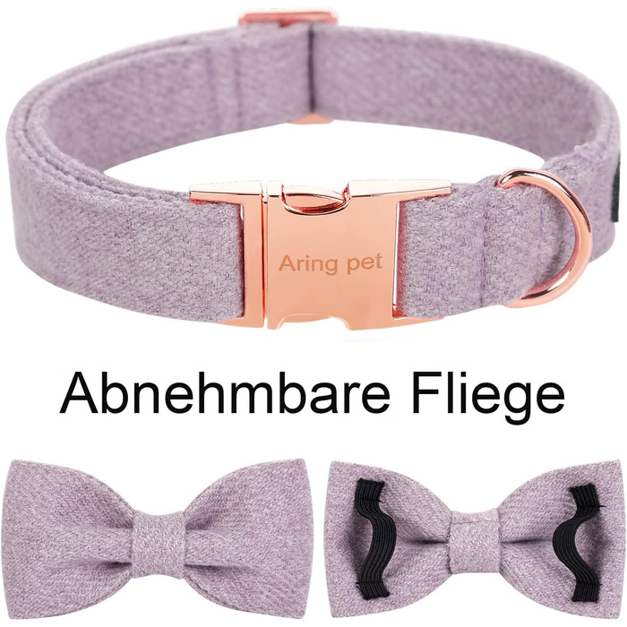 Нашийник для собак Aring Pet з бавовни лавандового кольору з бантом, регульований з металевою застібкою, для малих, середніх та великих собак