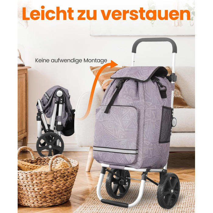 Складаний візок для покупок Homecall 50л з охолодженням, 3 в 1: візок, сумка, таскач, з принтом Geometrie, стандартні колеса