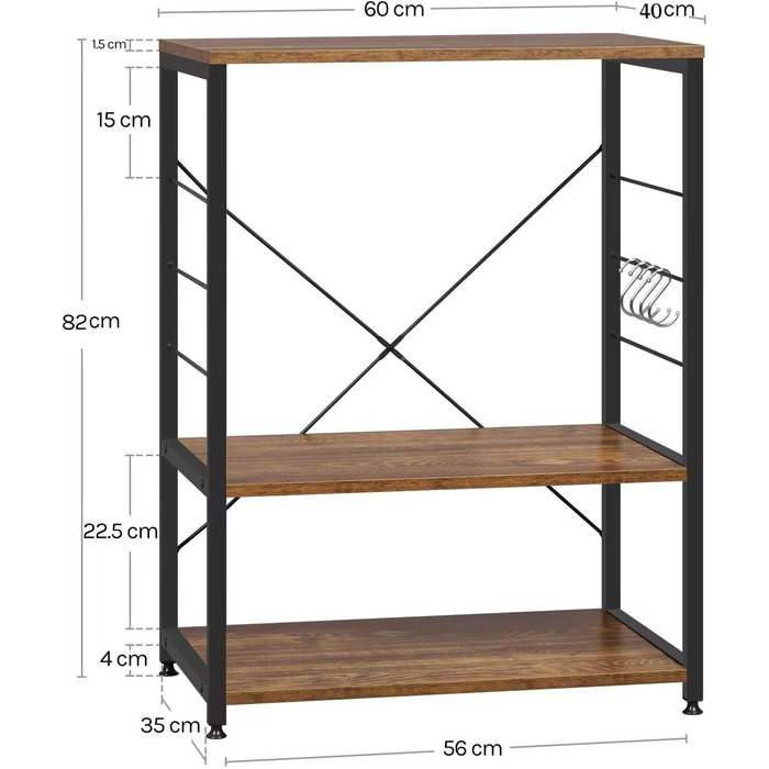 WOLTU Kitchen Shelf, Freestanding Shelf, Microwave Holder, Baker's Rack, Metal Shelf made of Wood and Steel, with 3 Shelves, approx. 60 x 40 x 82 cm, White + (Vintage Brown)