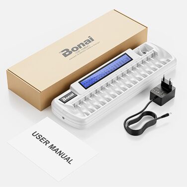 Зарядний пристрій BONAI для акумуляторів 18 слотів, універсальний, швидкий, LCD, для AA, AAA, 9V, NI-MH/NI-CD