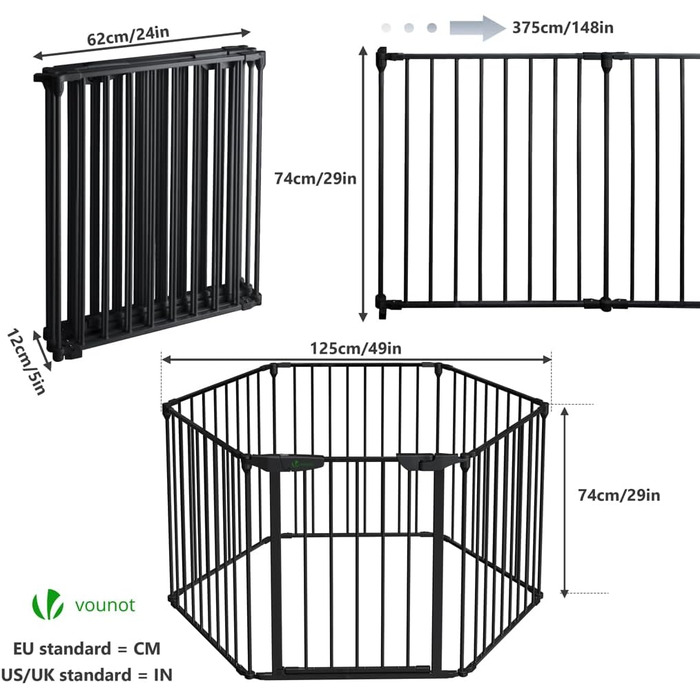 Захисне ґратка для каміну Vounot 375см з дверцятами, металева, для дітей, чорна