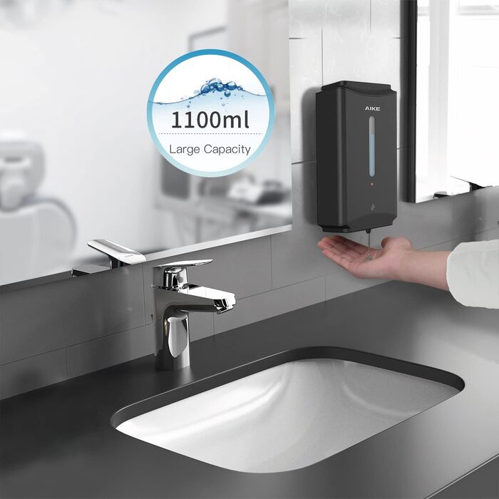 AIKE Automatic Stainless Steel Soap Dispenser - 1100ml Commercial Wall Mount with Window - AK1206 Brushed (Matte Black)
