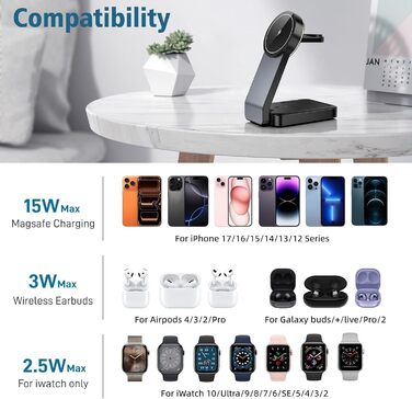 Бездротовий зарядний пристрій MagSafe 3-в-1 15W для iPhone 16/15/14 Pro Max, Apple Watch (iWatch 10/SE/9) та AirPods Pro - Чорний