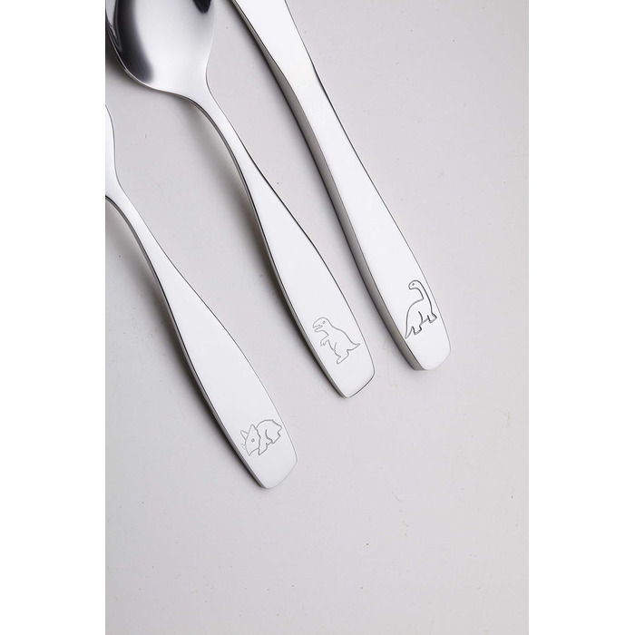 Набір дитячого столового приладдя EXZACT Kinderbesteck Set 18-ти частинний з нержавіючої сталі, від 2 років, безпечні ножі, 6 виделок, 6 ножів, 6 ложок (Dino X 18)