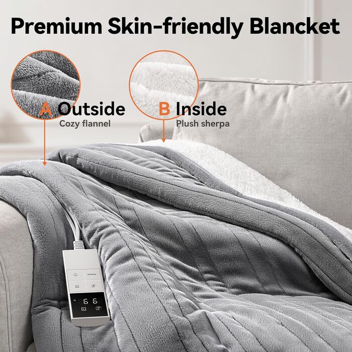 Електрична ковдра з підігрівом, 9 зон нагріву, таймер 1-9 годин з функцією пам'яті, швидкий нагрів, рівномірний розподіл тепла, двостороння фланель та штучне хутро, 160x120 см (для 1 особи/дивану) / 200x180 см (для 2 осіб/двоспального ліжка)