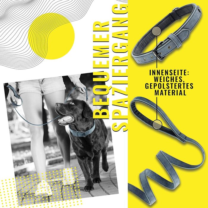 Набір повідка та нашийника ne&no® (веганська шкіра) для собак, 1.2м, блакитний/антрацит, регульований, з карабіном