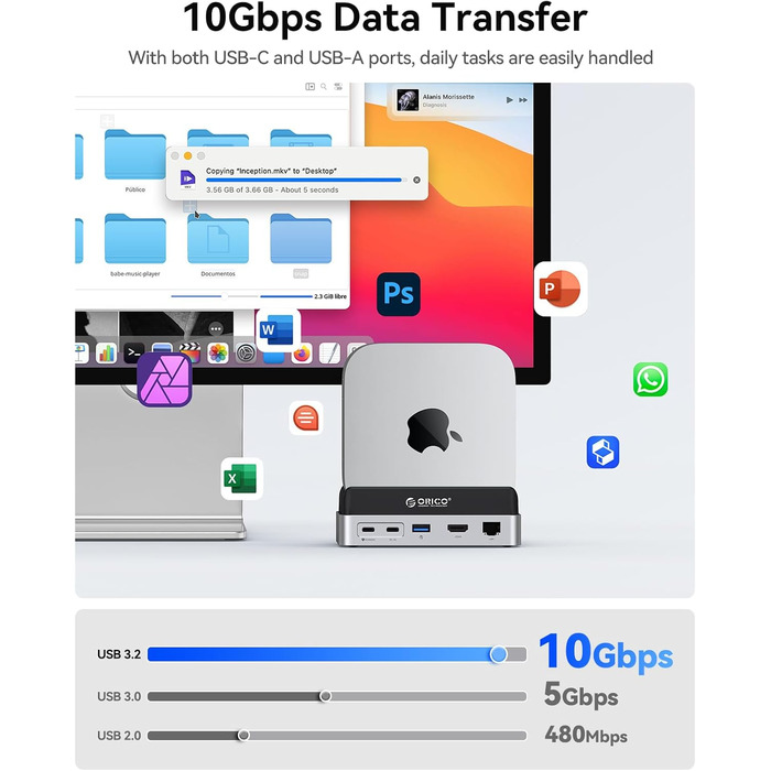 ORICO MiniDock: Док-станція та підставка для Mac mini M4/M4 Pro з корпусом для NVMe SSD, USB-C хаб з 4K HDMI та DisplayPort, SD/TF 3.0, USB-C/A 10Gbps, PD 100W - VS10 (10-в-1, 4TB)