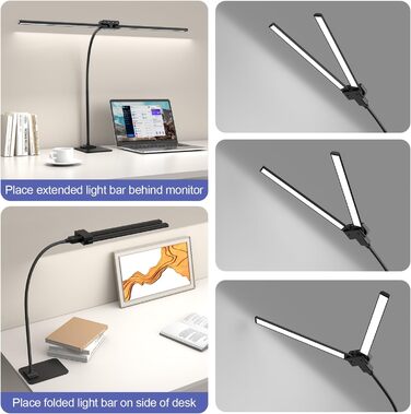 LED Desk Lamp with Adjustable Brightness, 1200 Lumens Dual Head Clamp-On for Home Office, Eye Protection Gooseneck Table Lamp, Monitor Light with 5 Color Temperature & Brightness Levels (Black Dual-Head Metal Base)