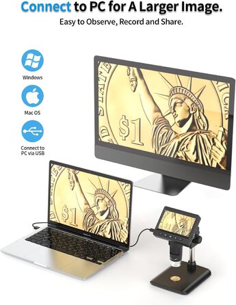 Цифровий мікроскоп AOPICK з LCD екраном, 50X-500X, 4.3 дюйма, 1080P, USB, 8 LED, для дорослих/дітей, сумісний з MacOS/Windows (чорний)