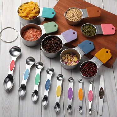 16-Piece Stainless Steel Measuring Cup and Spoon Set, 7 Sturdy Cups, 8 Double-Sided Spoons with Leveler, Multicolored