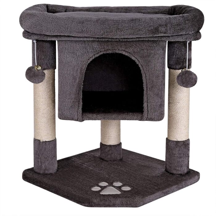Lionto Scratching Post for Cats with Cave & 2 Plush Balls incl. Bell, Height 60 cm, Cat Tree with Robust Sisal Rope & Soft Plush, Cozy Lying Area, for Small & Large Cats (Dark Grey)