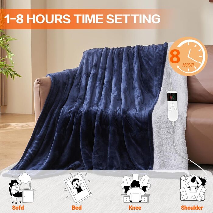 Електрична ковдра з підігрівом 130x180 см з автоматичним вимкненням, 10 режимів нагріву, таймер 8 годин, захист від перегріву, машинне прання, фланелева ковдра для ліжка, дивану та офісу (Тибетська, 150 x 180 см)