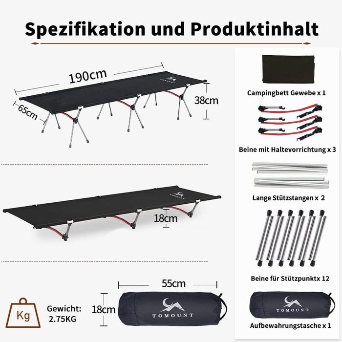 Легке туристичне ліжко TOMOUNT: компактне кемпінгове ліжко з алюмінієвого сплаву для відпочинку на природі, балконі, у саду або під час подорожей