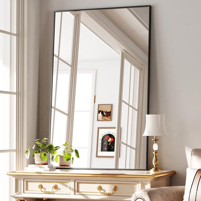 BEAUTYPEAK Дзеркало настінне прямокутне 81x61 см з металевим каркасом, безпечне для ванної кімнати, для ванної, спальні, вітальні (Чорний)