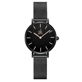 SK Ультратонкі мініатюрні жіночі годинники з двома стрілками. Елегантний годинник для жінок з шкіряним ремінцем (Black-mesh)