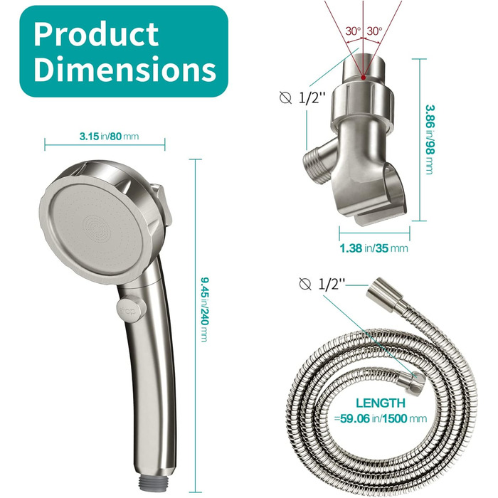 MIAOHUI Modern Handheld Showerhead with On/Off Switch, High-Pressure Showerhead with Handheld, 3 Spray Settings, Detachable Showerhead with Hose, Adjustable Shower Holder (Brushed Nickel)