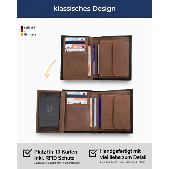 iClassy High-Quality Wallet - Handmade Genuine Leather Wallet, Double-Stitched Portemonnaie (Card Holder) with Coin Pocket and Space for 13 Cards + 1 See-Through Pocket - Gift | (Black/Brown)