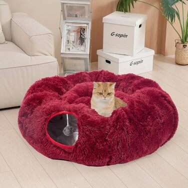Cat Tunnel with Central Cushion, Soft Cat Toy Round Multi-Function Cat Bed - (Red)