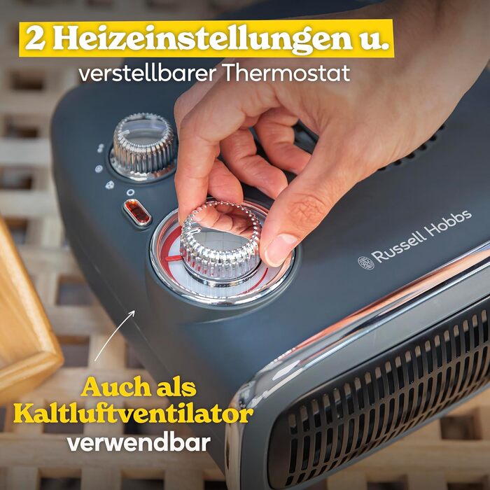 Тепловий вентилятор Russell Hobbs Retro RHRETHFH1001G, 1800 Вт, з термостатом та 2 режимами нагріву, сірий (до 20 м²)
