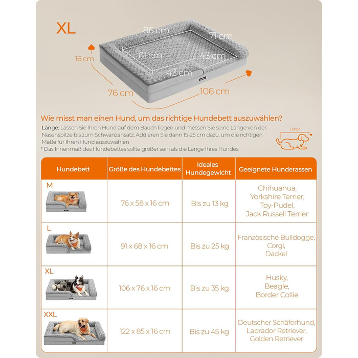 Ортопедичне ліжко для собак Feandrea, великий розмір, вологостійке, знімний плюшевий чохол, 122 x 85 x 16 см, PGW254G02 (XL 106 x 76 x 16 см, таунграу)