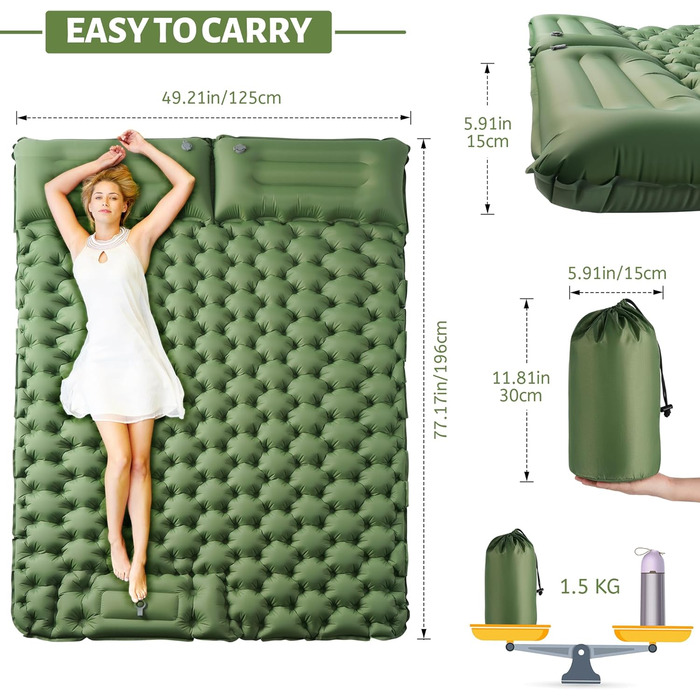 Isomatte Self-Inflating Camping Mat for 2 People - Thick & Extended Sleeping Pad with Air Pump - Lightweight Travel Mat for Camping, Hiking, Beach