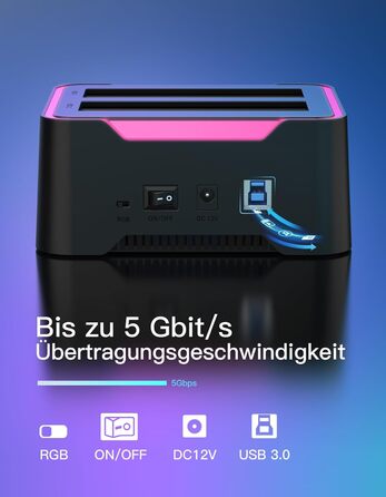 Док-станція Inateck USB 3.0 для HDD/SSD 2.5/3.5 дюймів, Dual-Dock, підтримка Offline-клонування, RGB, SA02002