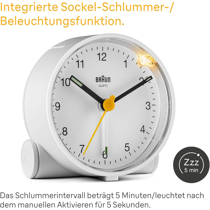 Braun Classic analog alarm clock with snooze function and light, quiet quartz movement, crescendo alarm in white, model BC01W.