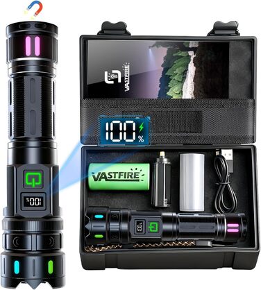 Ліхтар LED VASTFIRE 500000 люменів, тактичний, водонепроникний IP67, з LCD дисплеєм та магнітом, 30W, чорний