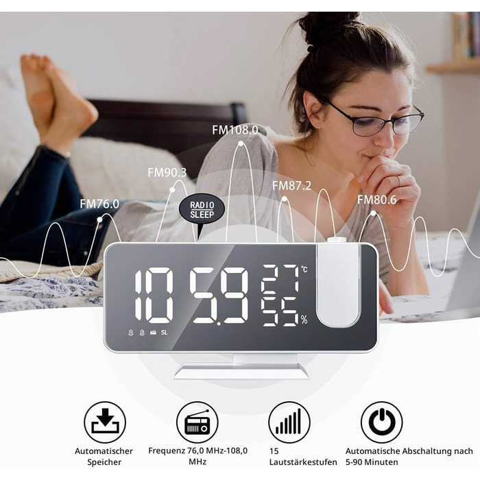 Цифровий LED-будильник-проектор з дзеркальною поверхнею, FM-радіо, USB-портом, гігрометром та термометром, білий