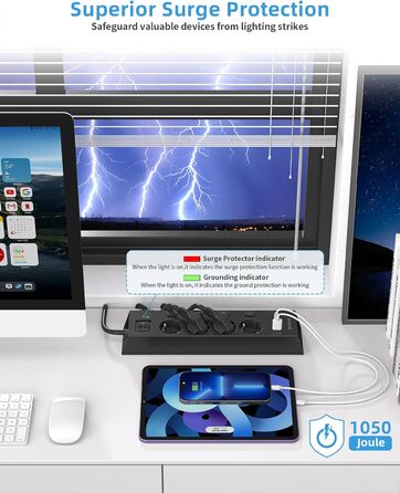 Мережевий фільтр Steckdoseleiste з індивідуальним керуванням, 5 розеток, настінний монтаж, захист від перенапруги 1050 Дж, для дому та офісу, кабель 2 м (4 розетки з USB, чорний)