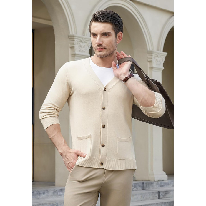 Чоловічий светр з V-подібним вирізом KUYIGO, в'язаний, з ґудзиками, з кишенями, легкий, м'який, apricot (3XL, XL)