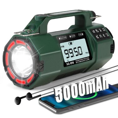 Радіоприймач аварійний з сонячною панеллю та ручним заводом, 5000mAh, AM/FM/SW/NOAA, будильник, компас, зарядний пристрій для телефону, зелений (хакі)