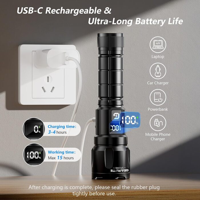 LED ліхтарик Gearlite: 6000 люмен, тактичний, водонепроникний (IP65), 3 режими, для кемпінгу, риболовлі, надзвичайних ситуацій. Чорний