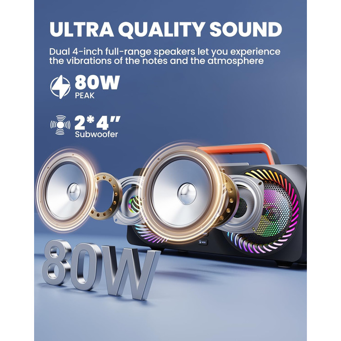 Караоке-машина для дорослих та дітей, портативна Bluetooth-система 80W – 2 бездротові мікрофони, регулювання ехо, USB/AUX-роз'єми, ідеальний подарунок для вечірок на природі