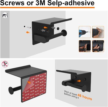 Тримач туалетного паперу Ibergrif з 2 способами монтажу, без свердління, з полицею, нержавіюча сталь, чорний